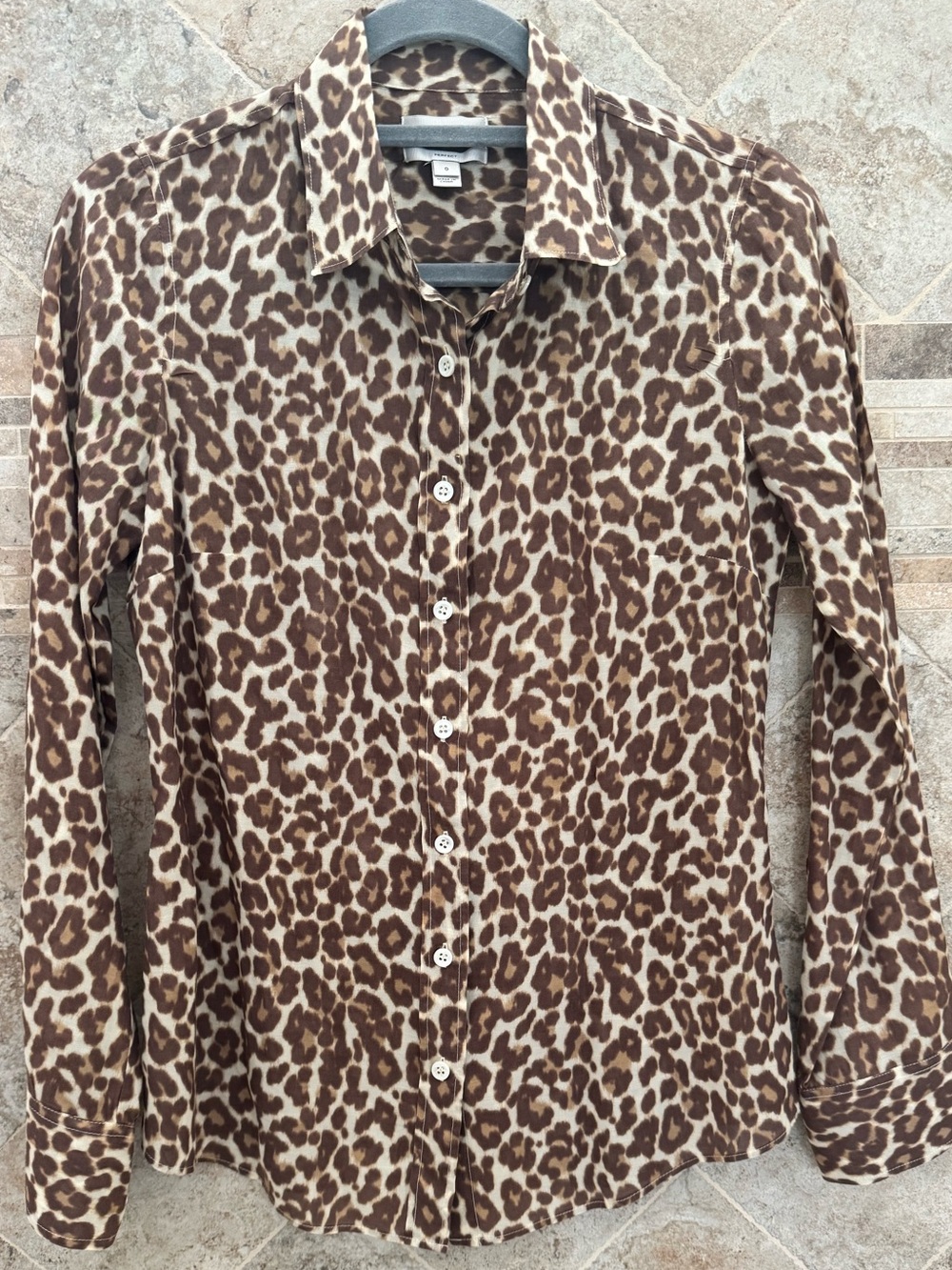 J. Crew perfect Brown Leopard Print Button-Up Blouse long sleeve size 0 sheer
